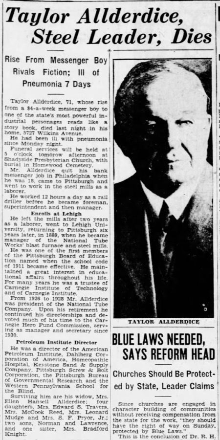 Taylobr Allderdice’s Obituary article from the Pittsburgh Press, 1934