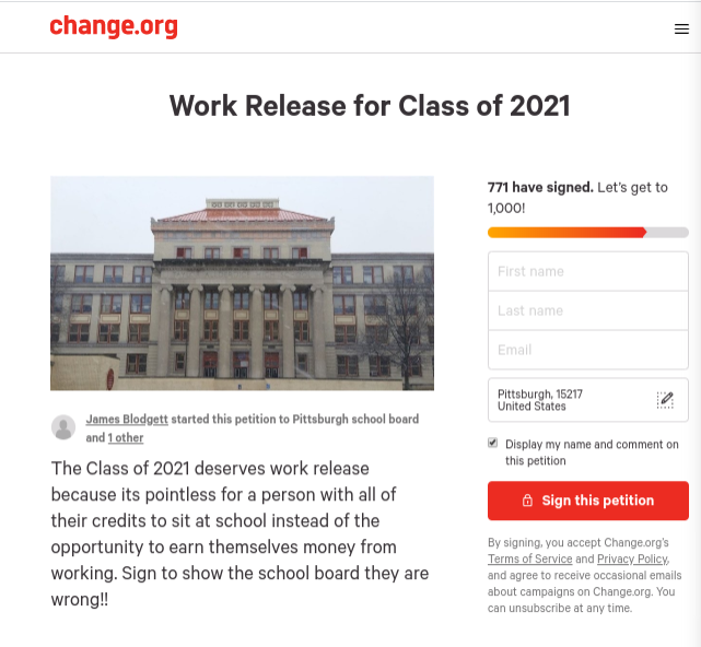 A February 21 screenshot of junior James Blodgett’s petition on change.org // Abigail Segel 
