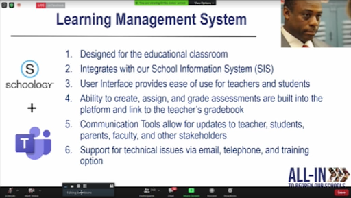 Assistant Superintendent Kevin Bivins details plans for Schoology operations at a virtual district hearing.

