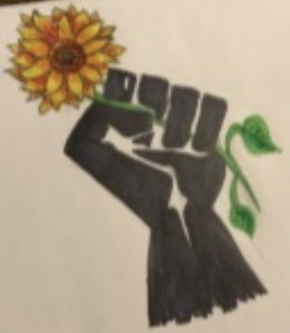 Bienkowski said that senior Daynell Griffin “made a sketch that showed a Black fist holding a sunflower that I still have on some of my [daily slideshow] endnotes just because I like the image so much.”