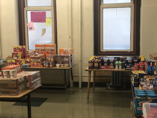 The Allderdice Food Pantry, stocked with food, menstrual and personal hygiene products, and winter clothing necessities.