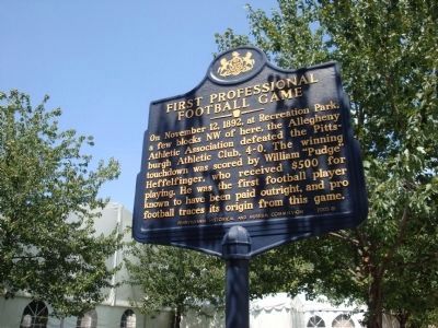 The historical marker for Recreation/Union park lists it as the site of the First Professional Football Game. Credit: Mark Wintermantel Historical Marker Database