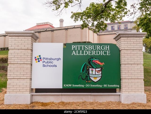 Photo of Pittsburgh Allderdice sign, facing the intersection of Shady Ave and Forward Avenue. 