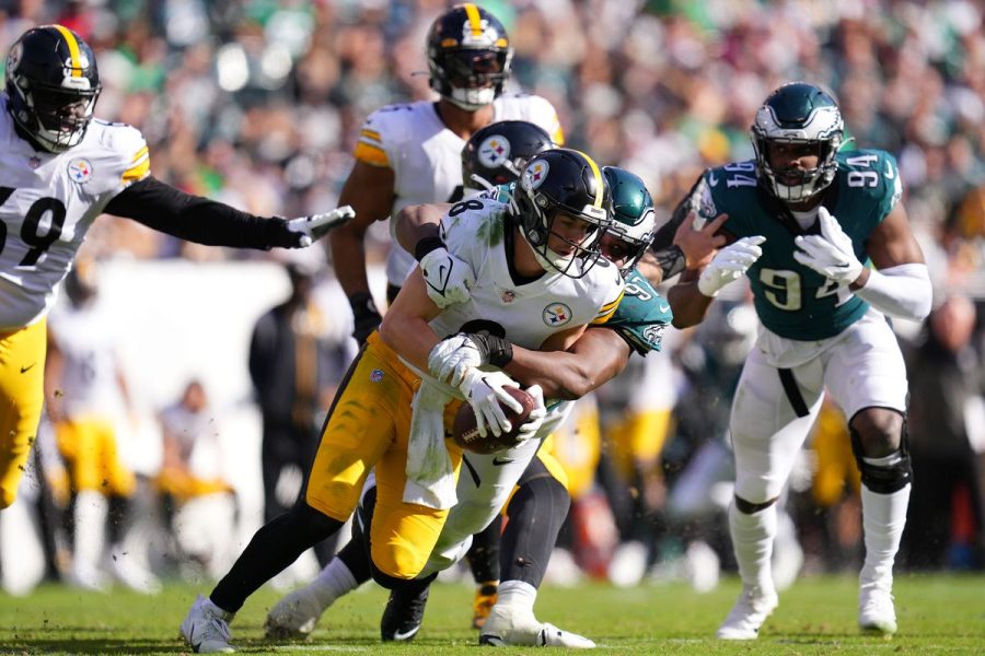 Steelers+quarterback+Kenny+Pickett+gets+sacked+by+the+Eagles+defense+in+their+Week+8+matchup.+%28Mitchell+Leff%2FGetty+Images%29