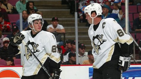 An 18 year old Sidney Crosby (left) and a 40 year old Mario Lemieux (right) on the ice for the Penguins. Photo Credit: Bruce Bennett