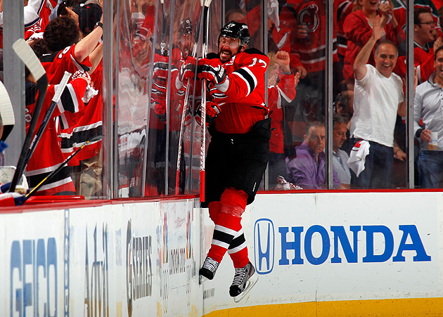 Kovalchuk celebrates a goal with the New Jersey Devils during their 2012 Stanley Cup Finals run. Photo Credit: Bruce Bennett